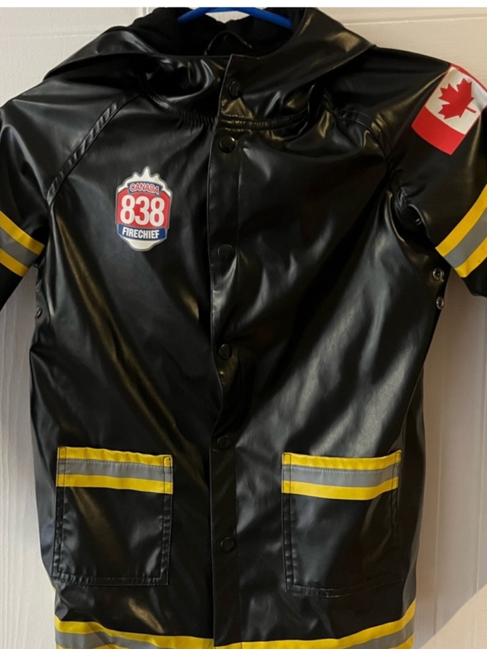 Black Vinyl Raincoat with Yellow Stripe Firechief Patch